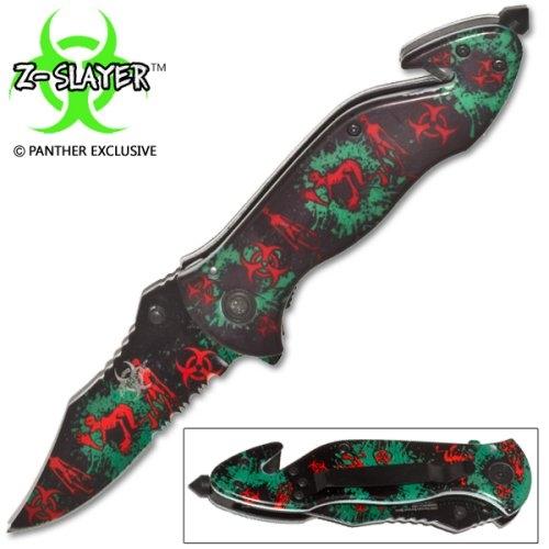 Green Skull Zombie Slayer GRIP HANDLE ASSISTED OPENING RESCUE POCKET KNIFE With Glass Breaker - AnyTime Blades