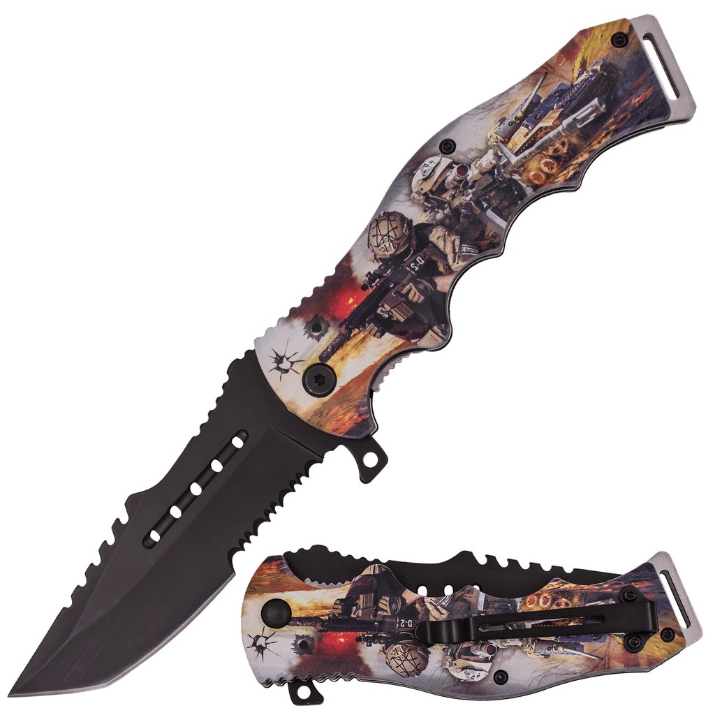 8" Spring Assisted Ergo Handle Half-Serration Honor Americana Knife - Soldier - AnyTime Blades