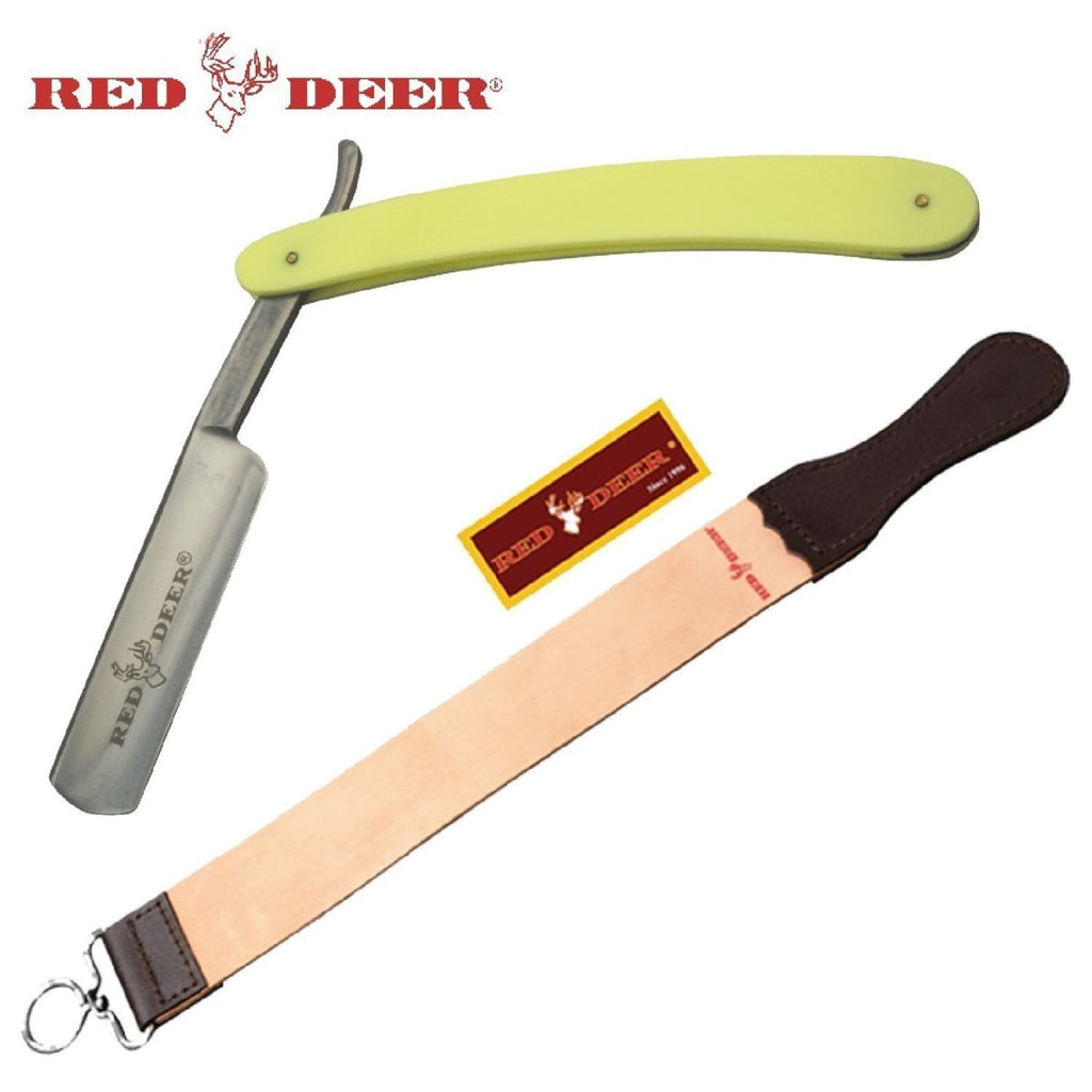 Light Yellow Red Deer Shaving Barber Vintage Straight Razor With Red Deer Leather Strop - AnyTime Blades