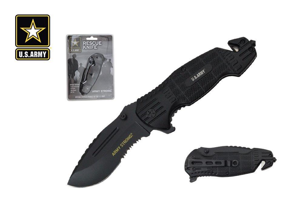 Officially Licensed Army Strong All Black Half Serrated 8" Assisted Opening Tactical Rescue Pocket Knife - AnyTime Blades