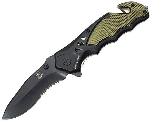 Officially Licensed Army Strong Green Handle and Half Serrated 8" Assisted Opening Tactical Rescue Pocket Knife - AnyTime Blades