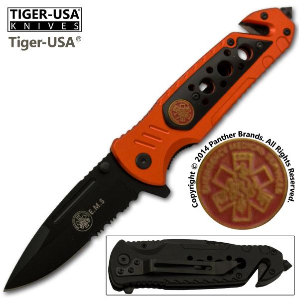 Orange EMS Handle  Assisted Opening Rescue Knife with Black Blade - AnyTime Blades