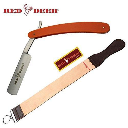 Orange Red Deer Shaving Barber Vintage Straight Razor & Red Deer Leather Strop - AnyTime Blades