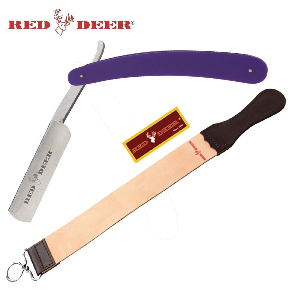 Purple Red Deer Shaving Barber Vintage Straight Razor & Red Deer Leather Strop - AnyTime Blades