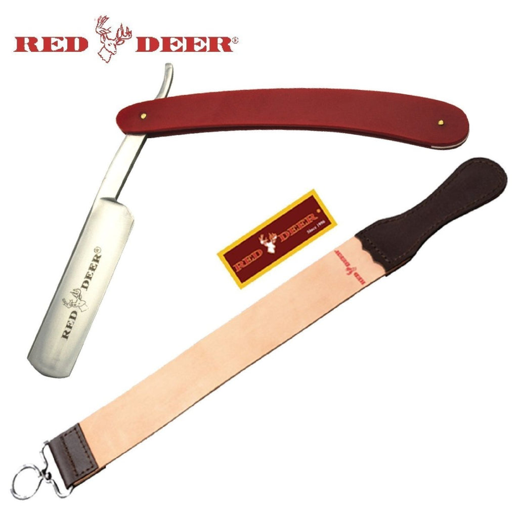 Red Red Deer Shaving Barber Vintage Straight Razor With Red Deer Leather Strop - AnyTime Blades