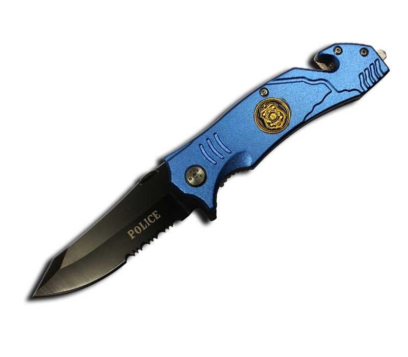 Rogue River Tactical 8" Assisted Police Blue Folding Pocket Knife Half Serrated Seat Belt Cutter Glass Breaker Belt Clip - AnyTime Blades