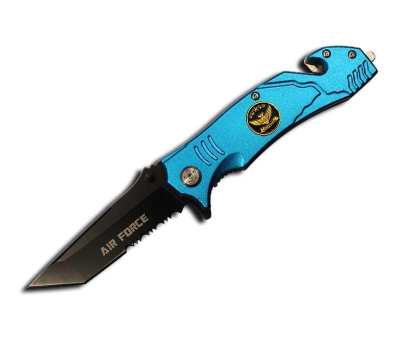 Rogue River Tactical Rescue 8" Assisted Open Air Force Blue Folding Pocket Knife Half Serrated Tanto Blade - AnyTime Blades