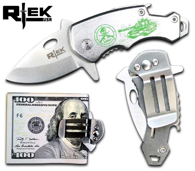 RTek USA Mini 4.25" Overall Tactical Money Clip Bottle Opener Folding Spring Assisted Open Knife 7 Variations Army, Navy - AnyTime Blades