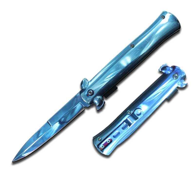 8.5 inch Blue Stiletto Style Spring Assisted Knife - AnyTime Blades