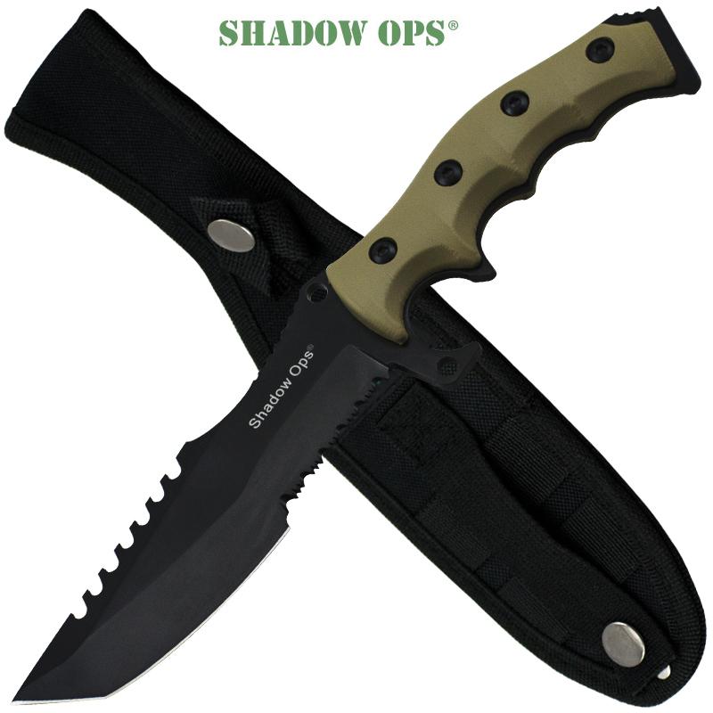 "Shadow Ops" Sawback Combat Fixed Blade Knife with Black Blade and Tan Handle - AnyTime Blades