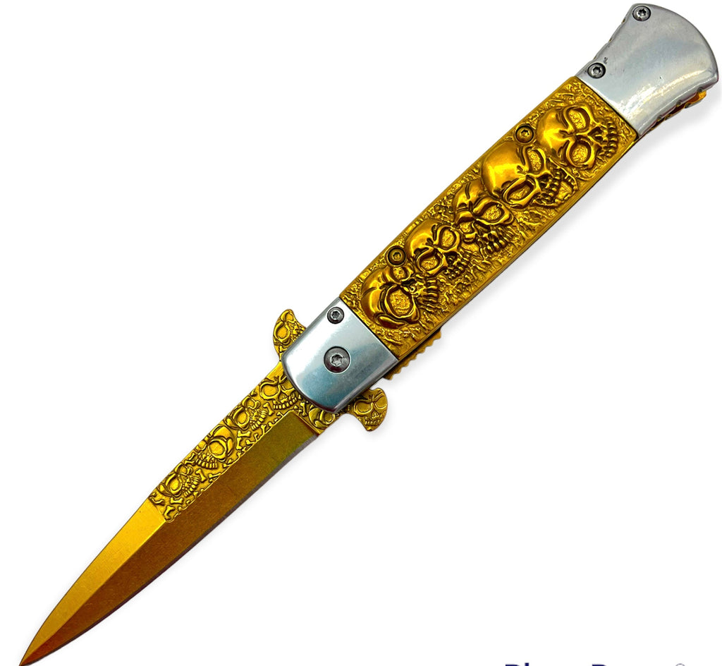 Gold Stiletto Style Folding Pocket Knife Skull Design - AnyTime Blades