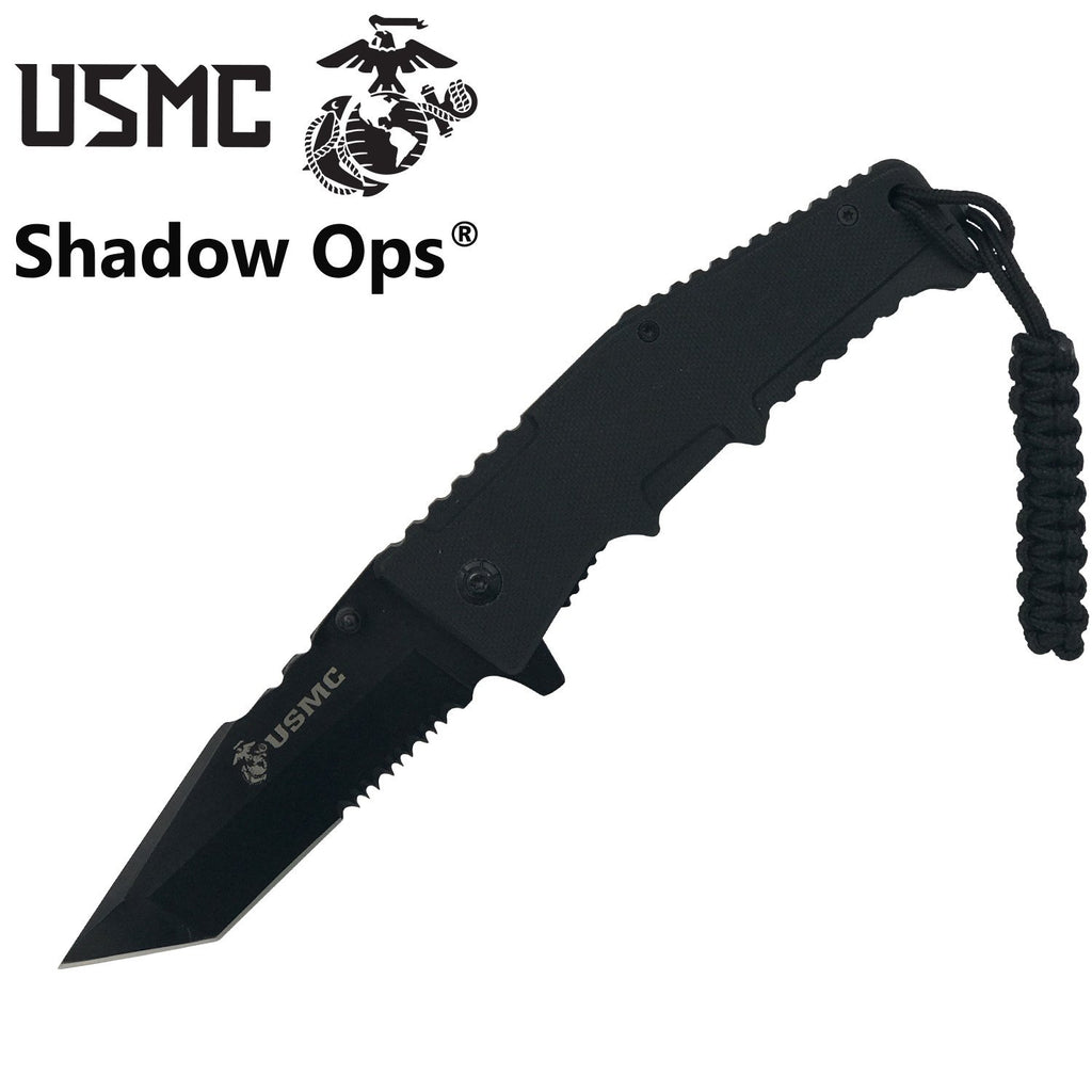 USMC Officially Licensed Ball Bearing Folding Knife by Shadow Ops® - Tanto Serrated - AnyTime Blades