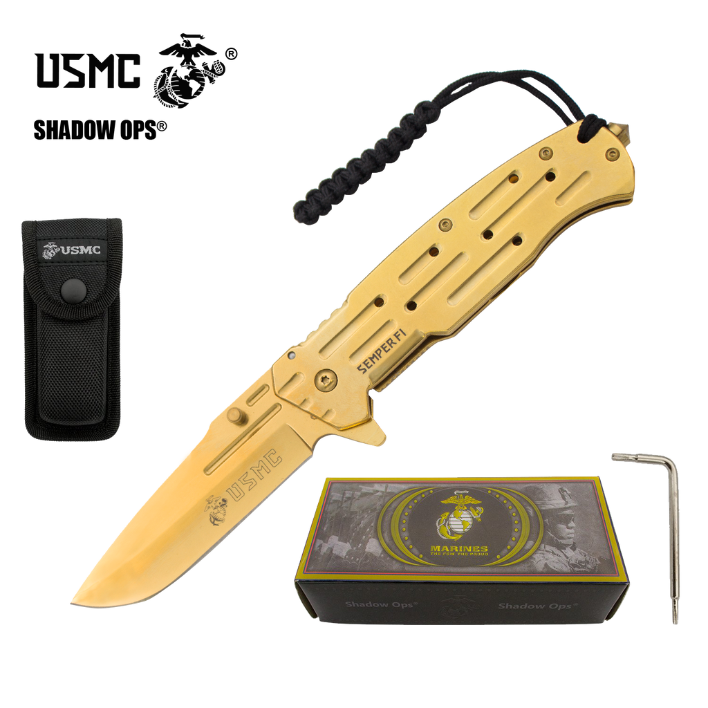 9" USMC Officially Licensed US Marines ALL GOLD Ball Bearing Action Blade Tactical Rescue Pocket Knife With Belt Case! - AnyTime Blades