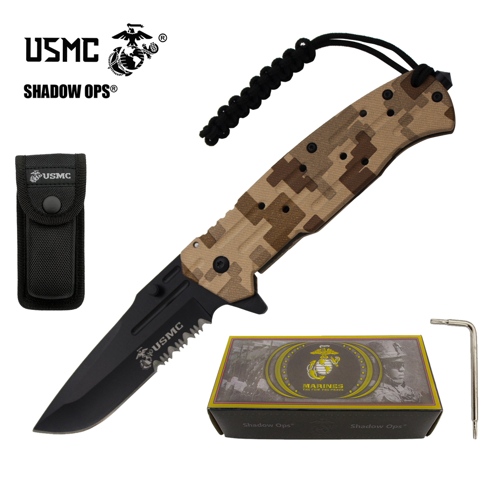 9" USMC Officially Licensed US Marines Desert Camo Ball Bearing Action Blade Tactical Rescue Pocket Knife Belt Case - AnyTime Blades
