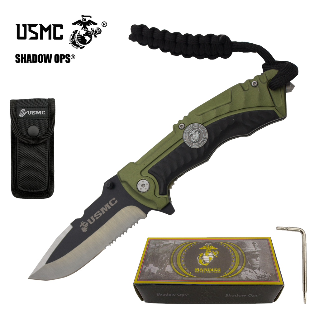 8.25" USMC Officially Licensed US Marines Green & Black Ball Bearing Action Blade Tactical Rescue Pocket Knife Belt Case - AnyTime Blades