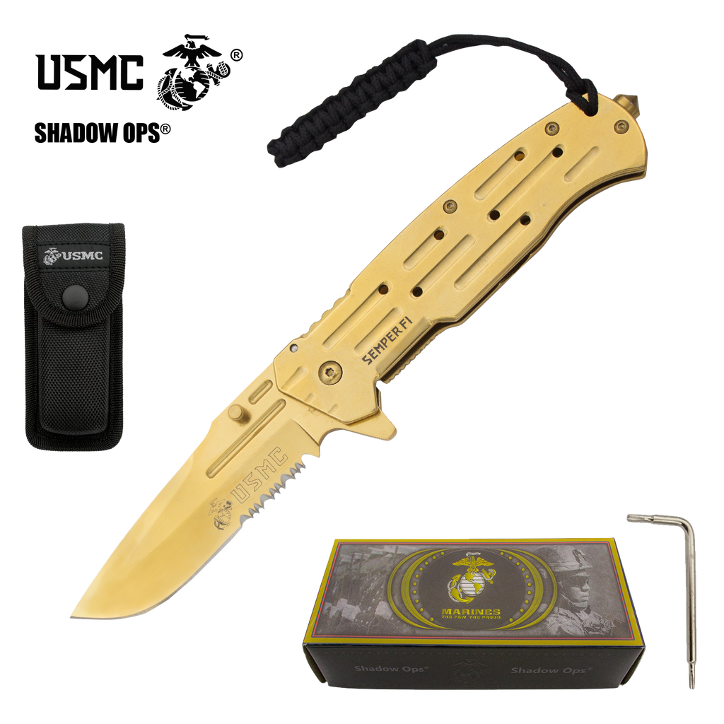 9" USMC Officially Licensed US Marines ALL GOLD Ball Bearing Action Blade Tactical Rescue Pocket Knife With Belt Case! - AnyTime Blades