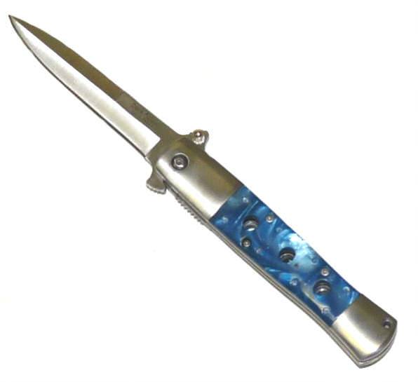 Stiletto Style Spring Assist knife With Blue Pearl Handle - AnyTime Blades