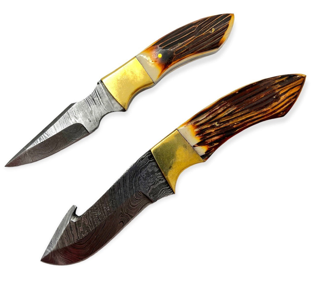 Red Deer Gutting and Skinning Knives Damascus Blade 2 Piece Set with Leather Sheath - AnyTime Blades