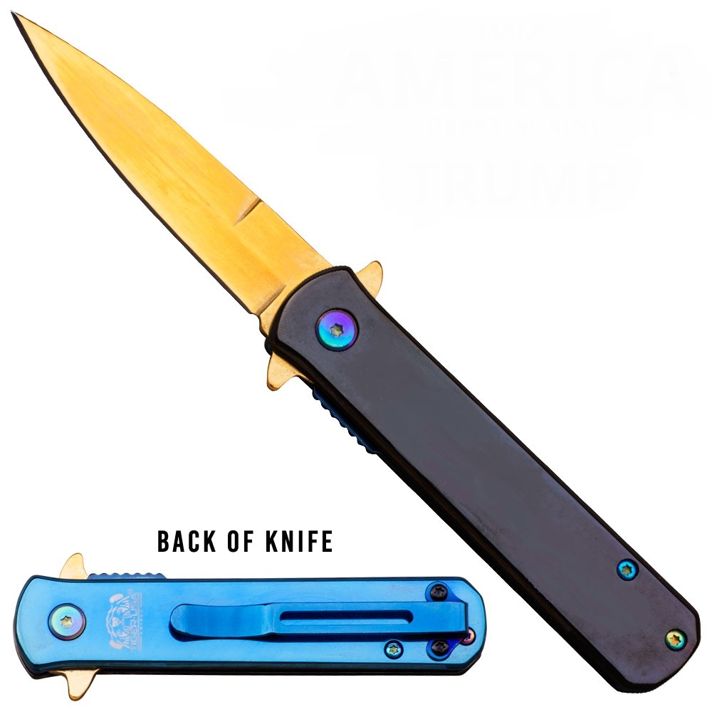 Tiger USA 7" Assisted Open Tactical Pocket Knife with Steel Gold Blade and Black Handle - AnyTime Blades