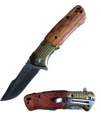 Trump "Make America Great Again 2020"  Light Regal Oak Spring Assisted Trailing Point Folding Knife - AnyTime Blades
