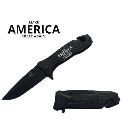 TRUMP "Make America Great Again" Black Assisted Open Rescue Pocket Knife with Black Steel Drop Point Blade Super Kn - AnyTime Blades