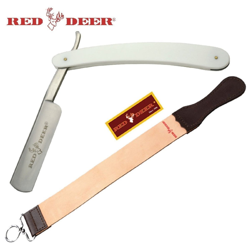 White Red Deer Shaving Barber Vintage Straight Razor With Red Deer Leather Strop - AnyTime Blades