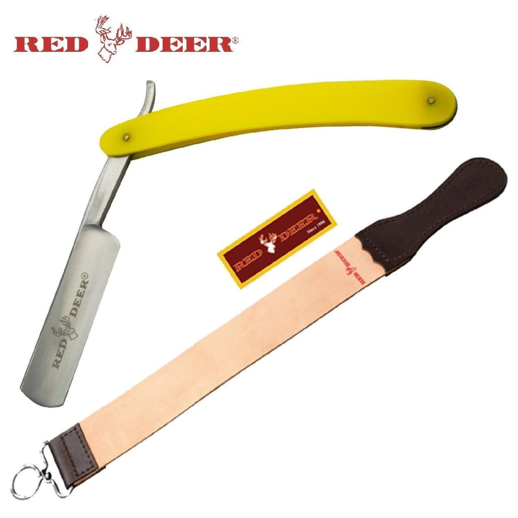 Yellow Red Deer Shaving Barber Vintage Straight Razor & Red Deer Leather Strop - AnyTime Blades